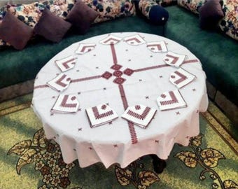 Handmade Moroccan Embroidered Tablecloth Set: Cotton Table Linens