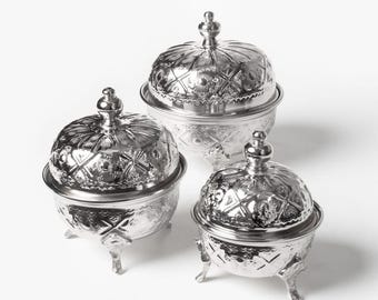 Handmade Moroccan Silver Tone Brass Sugar Bowl Set, Traditional Tea Table Decor