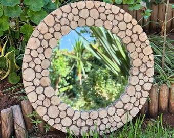 Handmade Round Wood Slice Mirror – Boho Rustic Wall Decor (30-80cm)