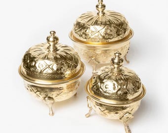 Handmade Moroccan Brass Sugar Bowl Set, Traditional Engraved Serveware (Set of 3)