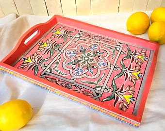 Hand-Painted Moroccan Wooden Serving Tray | Boho Decorative Tray with Handles (43x30cm)
