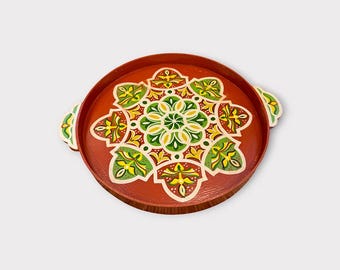 Hand-Painted Moroccan Wooden Tray, 32cm Round Serving Tray, Boho Home Decor