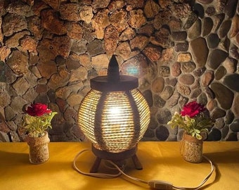 Handmade Moroccan Straw Table Lamp: Boho Wooden Base Lighting