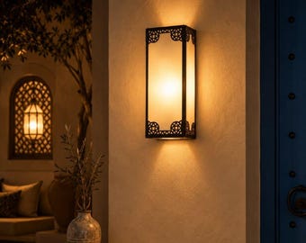 Handmade Moroccan Copper Wall Sconce, White Glass Lantern, Geometric Light Fixture