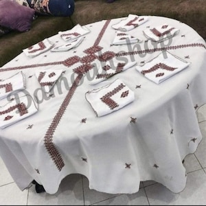 Envío rápido marroquí Nappe carrée, broderie marocaine faite à la main, ensemble de serviettes et linge de maison