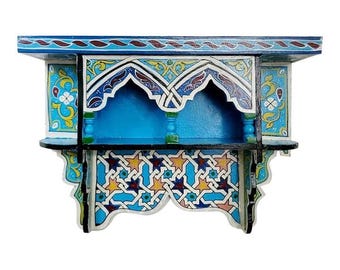 Hand-Painted Moroccan Wooden Wall Shelf, Zouak-Inspired Boho Decor
