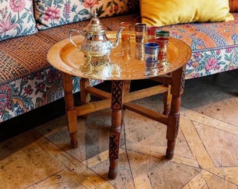 Handcrafted Moroccan Tea Table: Vintage Wood & Brass Folding Table