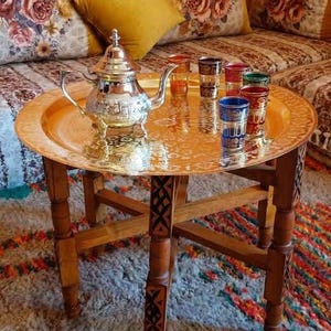 Handcrafted Moroccan Tea Table, Vintage Wood Stand, Round Brass Tray, Tea Table Decor for Home, Folding Table