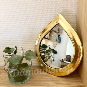 May include: A small, teardrop-shaped mirror with a gold-coloured frame. The mirror is reflecting a plant in a glass vase.