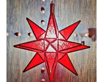 Red Handmade Moroccan Star Pendant Light, Stained Glass Hanging Lantern, Brass Ceiling Lamp