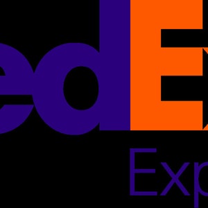 May include: The FedEx logo features the word "FedEx" in a bold, sans-serif font. The "Fed" portion is in purple, while the "Ex" is in orange. The word "Express" is below the logo in a smaller, purple font.