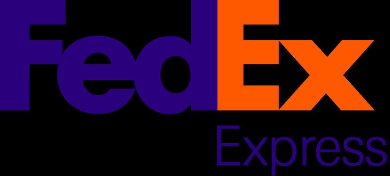 May include: The FedEx logo features the word "FedEx" in a bold, sans-serif font. The "Fed" portion is in purple, while the "Ex" is in orange. The word "Express" is below the logo in a smaller, purple font.