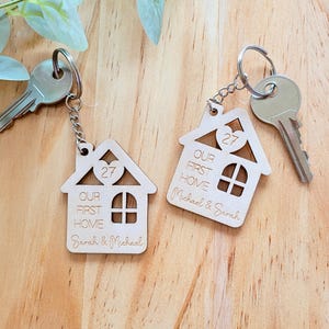Our First Home Keyrings, Personalised Wooden Housewarming Gift for Couple, Set of 2 New Home Keychains, Moving in Together Keepsake