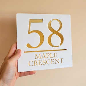 Modern House Number Sign, Custom White and Gold Acrylic Address Plaque with Cut Out Design, Minimalist Home Number for Door or Wall