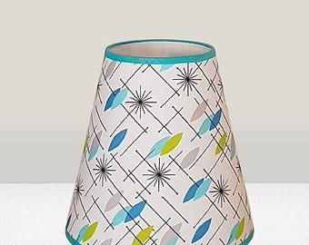 Vintage style lampshade, seventies, blue patterned fabric on a white background