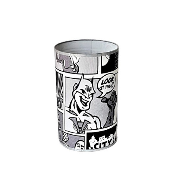 Abat-jour bande dessinée noir, blanc et gris, tissu coton, cylindre diamètre 20cm,hauteur 32 cm