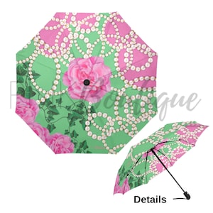 Pink and Green Auto Foldable Umbrella, Alpha Kappa Alpha, AKA Paraphernalia, Sorority Gifts, Foldable Umbrella, AKA Umbrella, AKA 1908 image 1