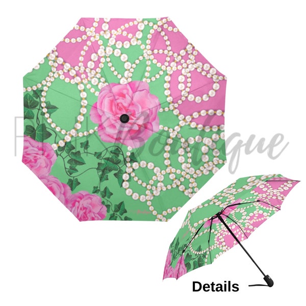 Pink and Green Auto- Foldable Umbrella, Alpha Kappa Alpha, AKA Paraphernalia, Sorority Gifts, Foldable Umbrella, AKA Umbrella, AKA 1908