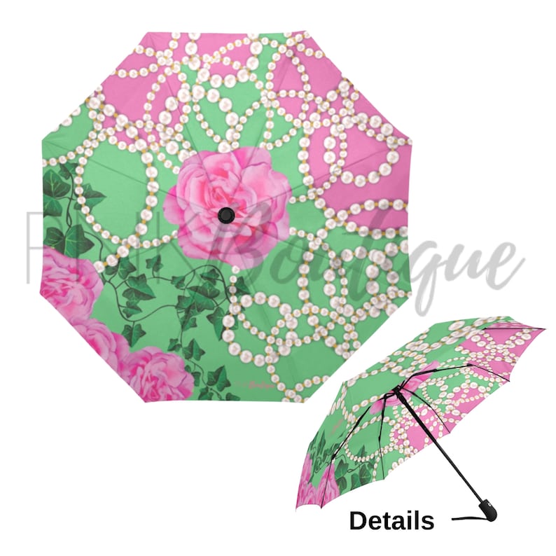 Pink and Green Auto Foldable Umbrella, Alpha Kappa Alpha, AKA Paraphernalia, Sorority Gifts, Foldable Umbrella, AKA Umbrella, AKA 1908 image 1