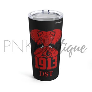 May include: A black stainless steel tumbler with a red elephant graphic, the text "1913" and "DST".