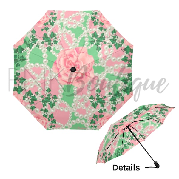 Pink and Green Auto- Foldable Umbrella, Alpha Kappa Alpha, AKA Paraphernalia, Sorority Gifts, Foldable Umbrella, AKA Umbrella, AKA 1908