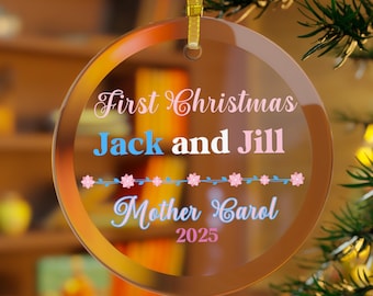Aangepaste glazen Jack and Jill-kerstornament: blauw en roze kerstdecor