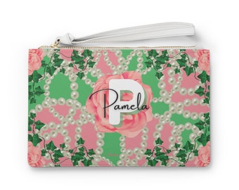 Personalized Pink and Green Clutch Bag, Alpha Kappa Alpha, AKA Paraphernalia, AKA Sorority Gifts, Clutch With Strap, Wristlet Clutch