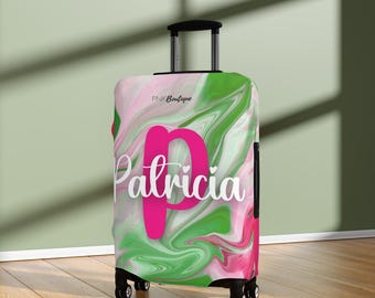 Custom Pink and Green Sorority Luggage Cover, Divine Nine Paraphernalia, Unique Travel Gift for Her, Suitcase Cover, HBCU Travel Accessories