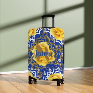 Personalized Blue and Gold Luggage Cover, D9 Paraphernalia, HBCU Sorority Gift, Travel Accessories Luggage Protector, Travel Gift for her