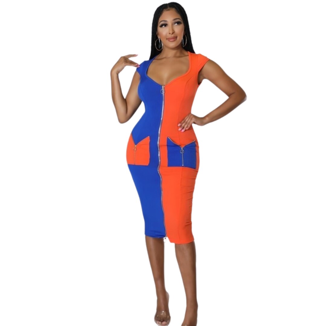Bold Orange and Blue Midi Dress, Plus Size Dress, Fitted Curve Casual