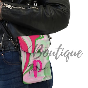 Bolso bandolera rosa y verde con firma para celular, estuche con monograma para celular, artículos griegos de Divine Nine, regalos para hermandades, soporte para celular