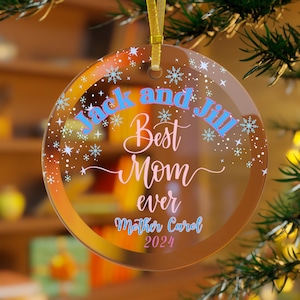 Custom Blue and Pink Jack and Jill Glass Christmas Ornament, Gift for Mom, Xmas Stocking Stuffer, Unique J & J Gift for her, Christmas Decor