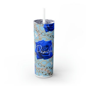 Custom  Blue and White Skinny Tumbler with Straw, D9 Sorority Gift for her, Insulated Tumbler, Hot and Cold Tumbler, Travel Gift Finer women