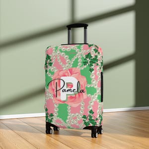 Custom Pink and Green Sorority Luggage Cover, Divine Nine Paraphernalia, Unique Travel Gift for Her, Suitcase Cover, Travel Accessories