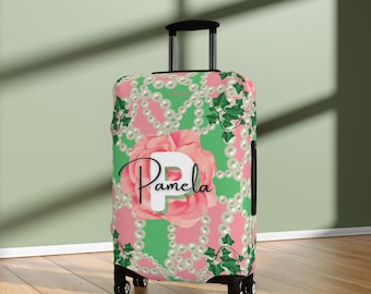 Custom Pink and Green Sorority Luggage Cover, Divine Nine Paraphernalia, Unique Travel Gift for Her, Suitcase Cover, Travel Accessories