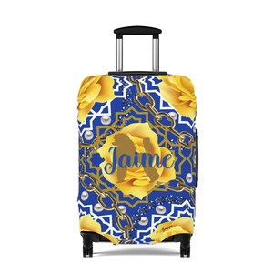 Personalized Blue and Gold Luggage Cover, D9 Paraphernalia, HBCU Sorority Gift, Travel Accessories Luggage Protector, Travel Gift for her