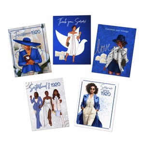 Tarjetas de felicitación con múltiples diseños en azul y blanco (paquete de 5), parafernalia D9, regalo de hermandad HBCU para ella, paquete de tarjetas de felicitación, tarjeta de cumpleaños de lujo