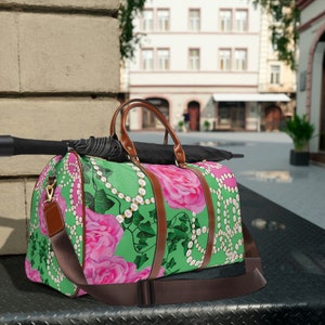Pink and Green Waterproof Travel Bag, Sorority Paraphernalia, Overnight Weekender Bag, Duffle Bag, D9 Sorority Gifts, Waterproof Tote