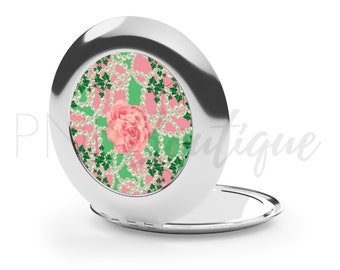 PNK Signature 2 Pink and Green Compact Travel Mirror, Divine Nine Greek Paraphernalia, Sorority Gifts, Compact mirror for purse