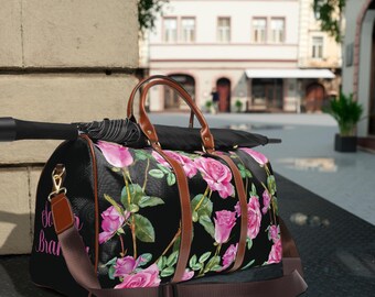 Pink Roses Monogram Waterproof Weekender Bag