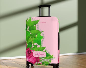 Pink & Green Luggage Cover: Ivy, Pearls, Sorority Travel Gift