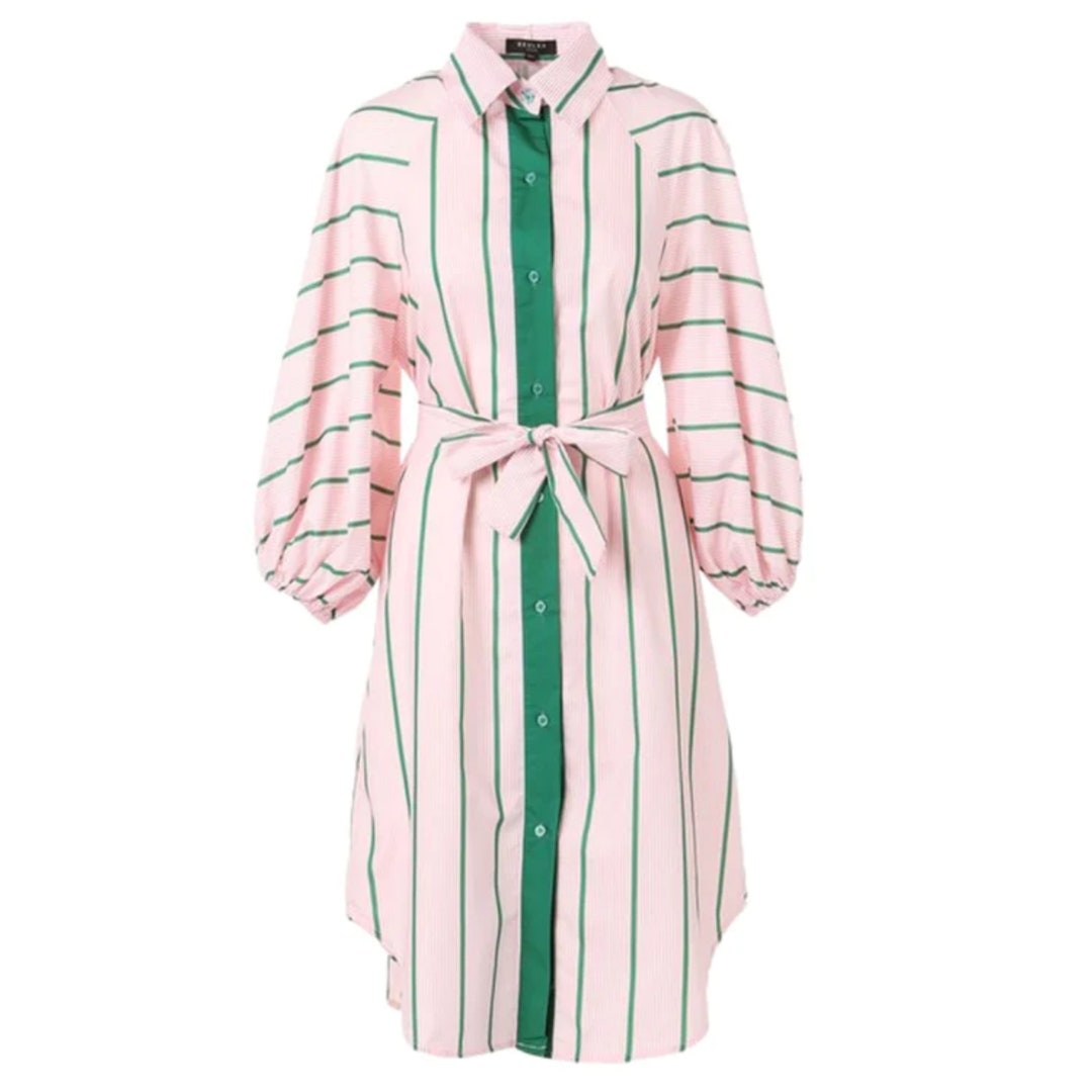 Pink and Green Shirt Dress, Collared Shirt Dress for Women, Long Sleeve