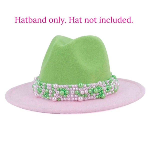 AKA Sorority Gifts, AKA Paraphernalia, Hat accessories, Pink & Green Pearl Hat band, Pearl Band Fedora,Stretchable Hat Band,Hat Band Accents