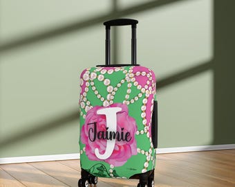 Custom Pink and Green Sorority Merch Luggage Cover, D9 Paraphernalia, Travel Gift for her, Custom Suitcase Cover, Travel Accessories, HBCU