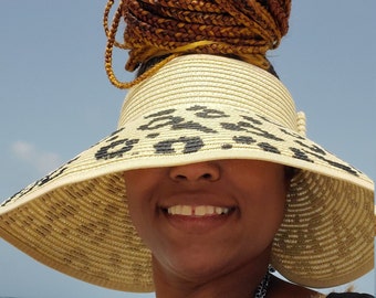 Sombrero de paja con lazo de leopardo de ala ancha plegable // Visera de paja de verano enrollable // Sombrero de paja premium // Sombrero de playa // Sombrero de vacaciones
