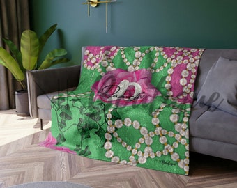 Custom Pink and Green Crush Velvet Blanket, D9 Sorority Gift for her, HBCU Divine Nine, Cozy Velvet Blanket, Housewarming Decor,Gift for Mom