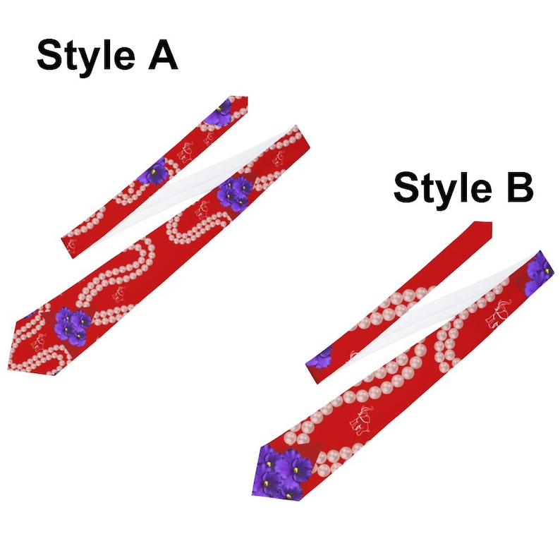 May include: Two red neckties, labeled Style A and Style B, with white backing. Style A features a pattern of purple flowers and pearl necklaces. Style B has a similar design, with a crown and pearl necklace pattern. Both ties are on a white background.