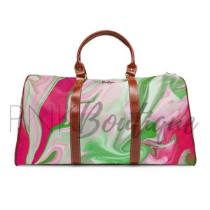 Custom Pink and Green Waterproof Travel Bag, Sorority Paraphernalia, Overnight Weekender Bag, Duffle Bag, D9 Sorority Gifts, Waterproof Tote