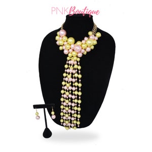 Pink and Green Elegant Pearl Necklace and Earring Jewelry set, Unique Gift for Her, Pretty Soror Akaversary Gift, D9 New Member Gift Her