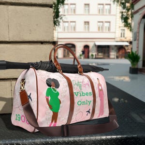 Pretty Girl Pink and Green Waterproof Travel Bag, D9 Sorority Travel Gift for her, Gym Bag, HBCU Paraphernalia,Travel Accessories Duffle Bag